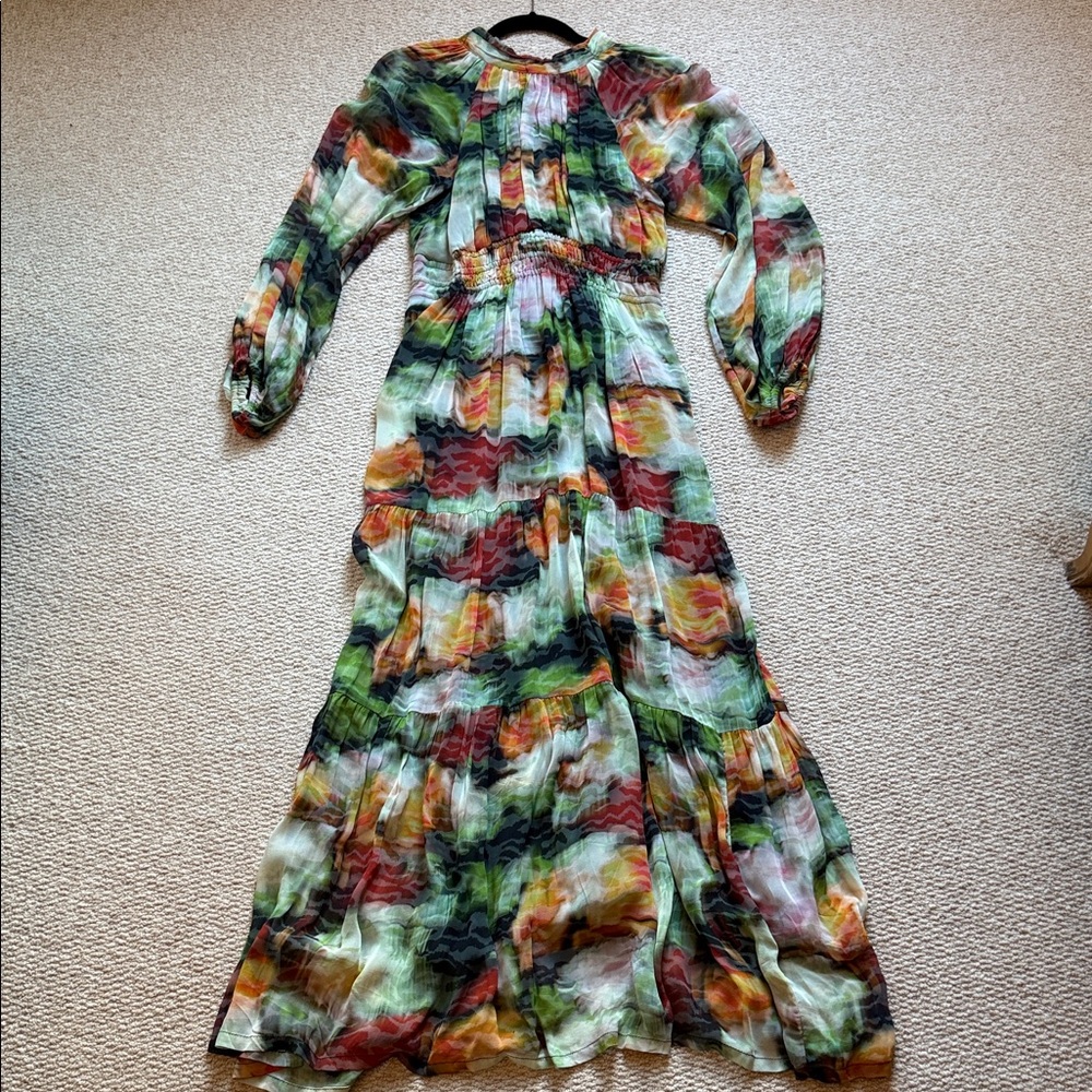 NWT Anthropologie Somerset Chiffon Multicolor Long Sleeve Maxi Dress Sz S